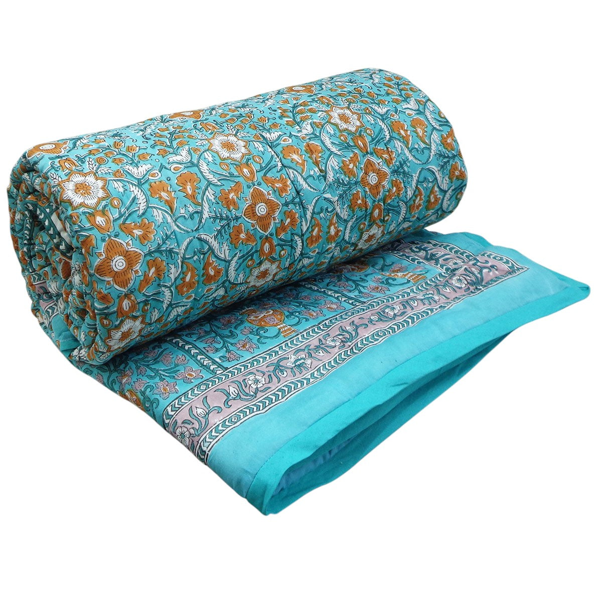 A folded and rolled quilted blanket featuring a vibrant turquoise blue background with intricate block-printed floral and vine patterns in orange, white, and light pink, set against a plain white background.