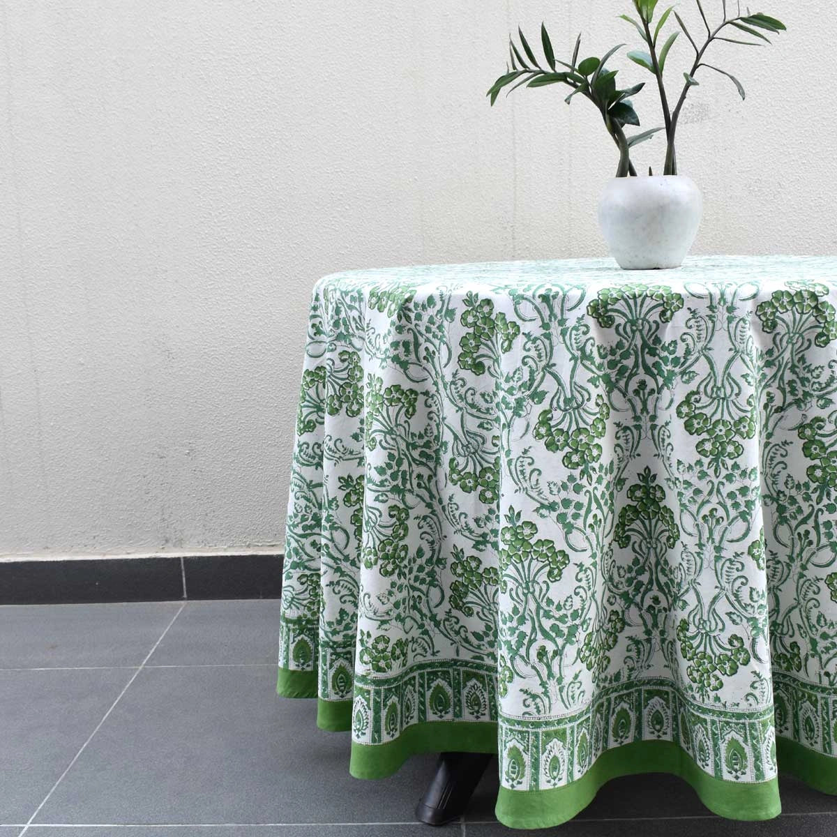 Jaipur Hand Block Round Tablecloth  Raat Ki Rani Green