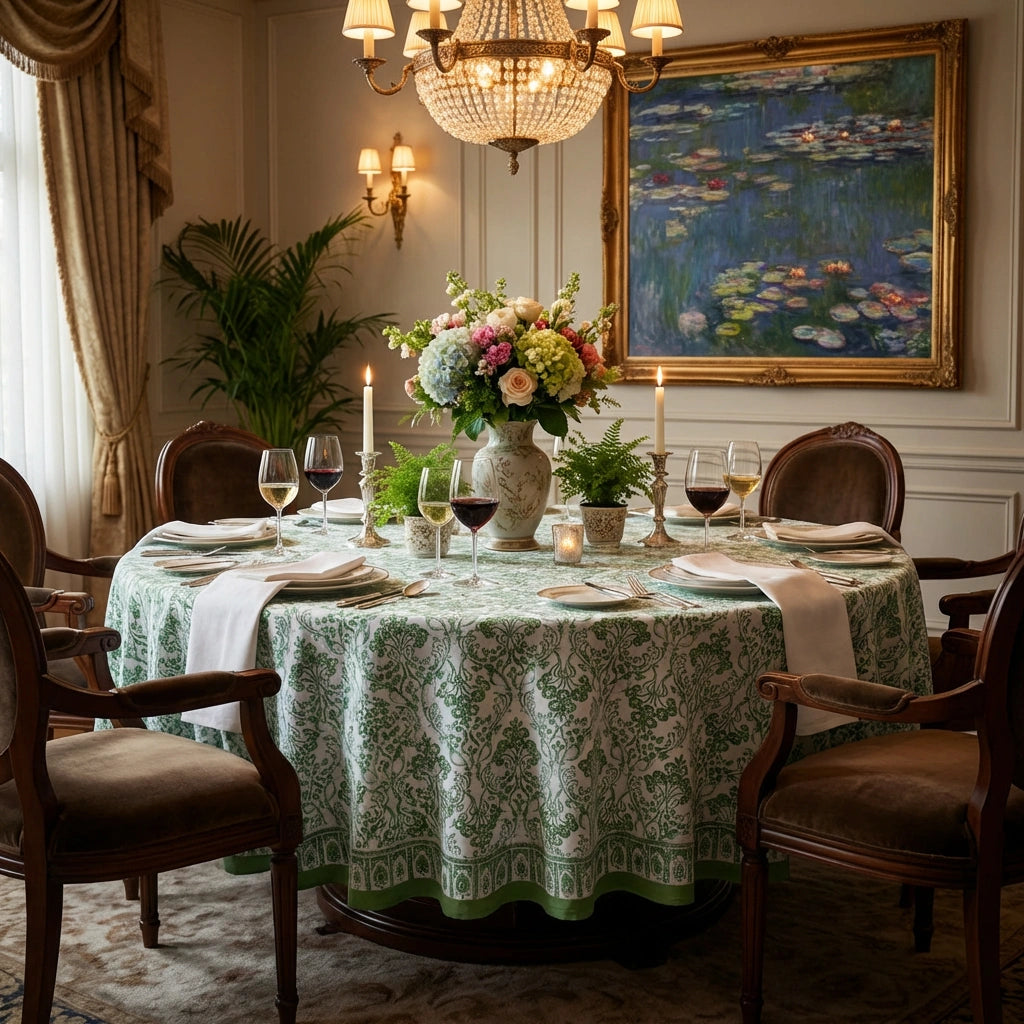 An elegant dining room scene with a round table covered in a green and white patterned tablecloth, set with wine glasses, candles, and a floral centerpiece. Dark wood dining chairs surround the table, with a chandelier overhead and a large framed painting of a pond lily scene on the wall.