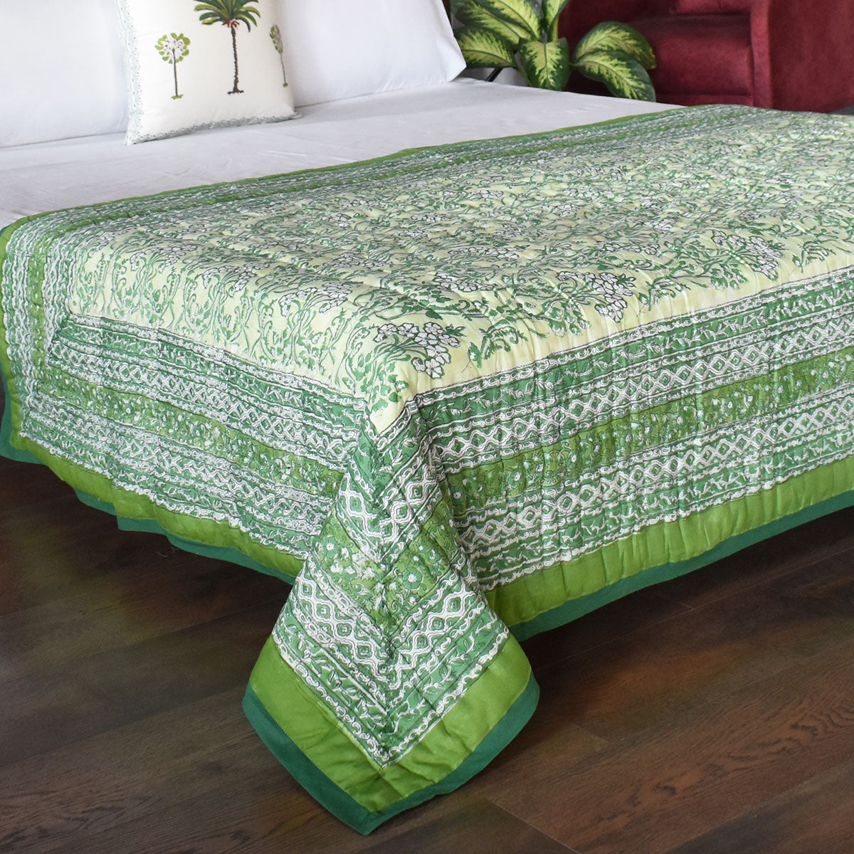 Jaipuri Hand Block Printed Throw Blanket | Raat Ki Rani Green 207006