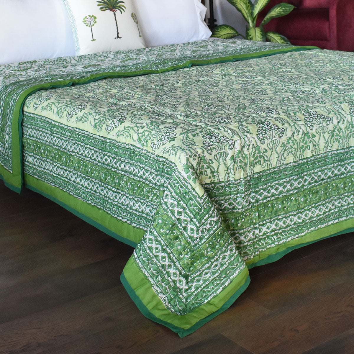 •	Rajasthani Textile Art Quilt King Size | Raat Ki Rani Green 207006