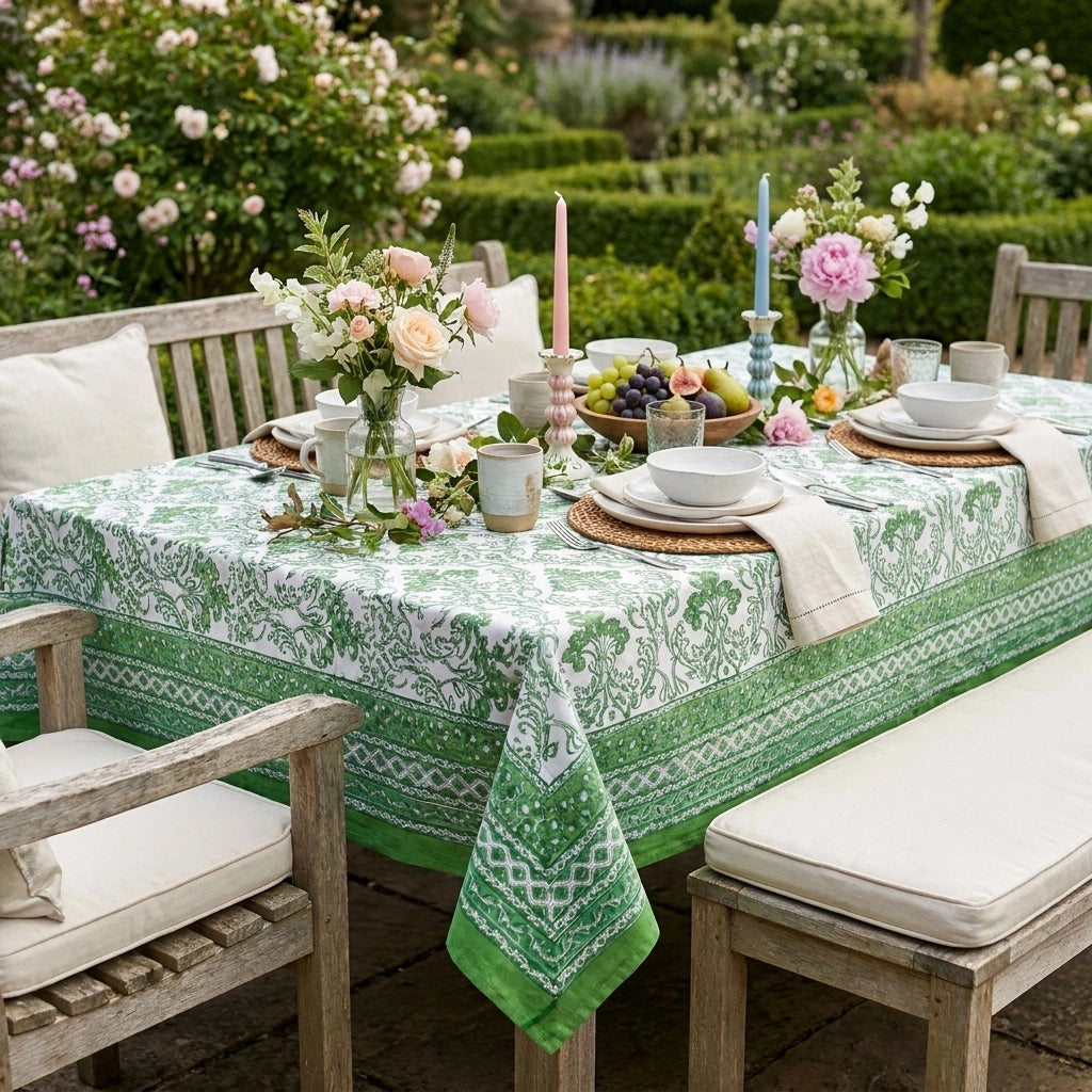 A green and white patterned tablecloth with a bandana-style border is draped over an outdoor dining table set with plates, bowls, candles, and floral centerpieces. Wooden chairs and benches with cream cushions surround the table, with a lush garden background.