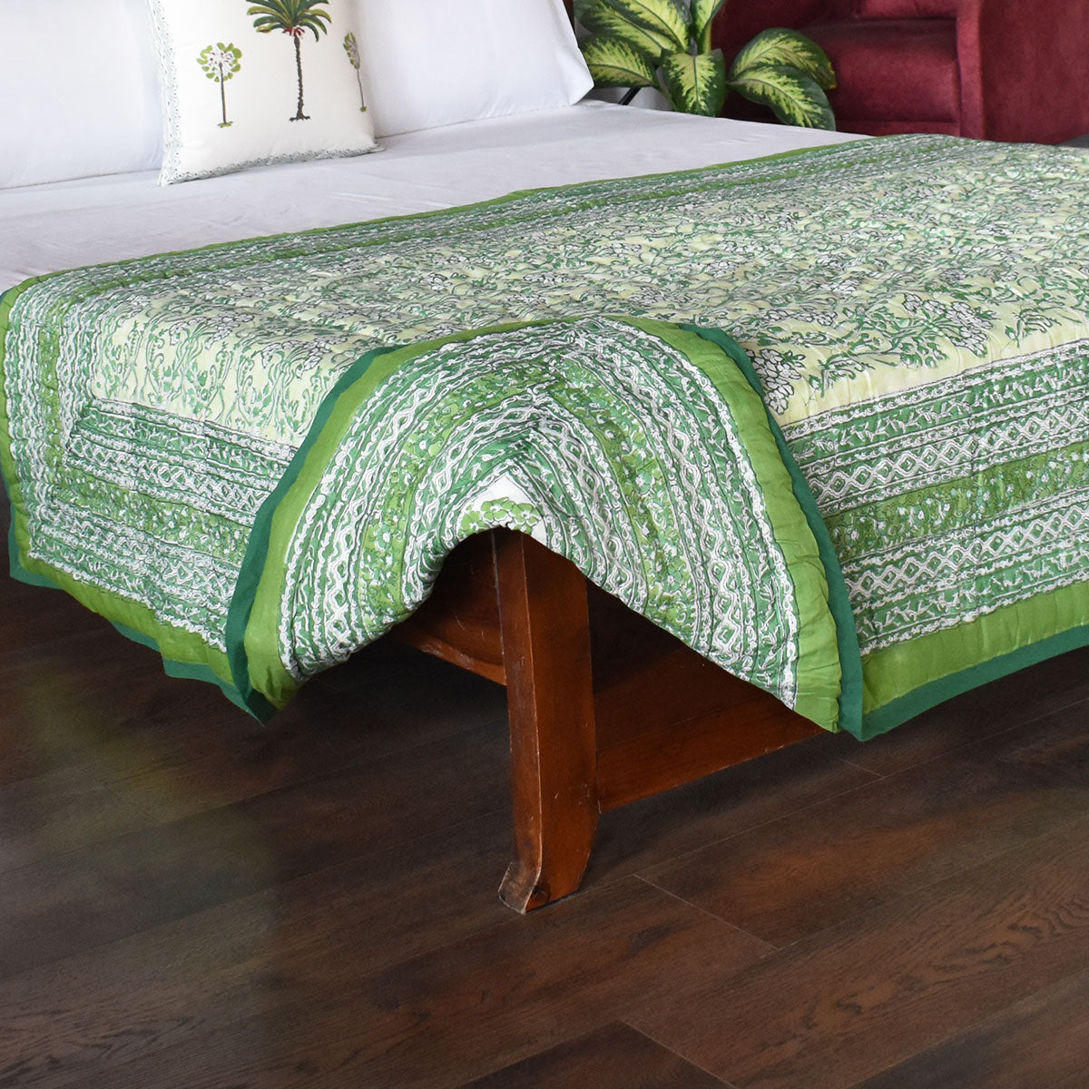 Jaipuri Hand Block Printed Throw Blanket | Raat Ki Rani Green 207006