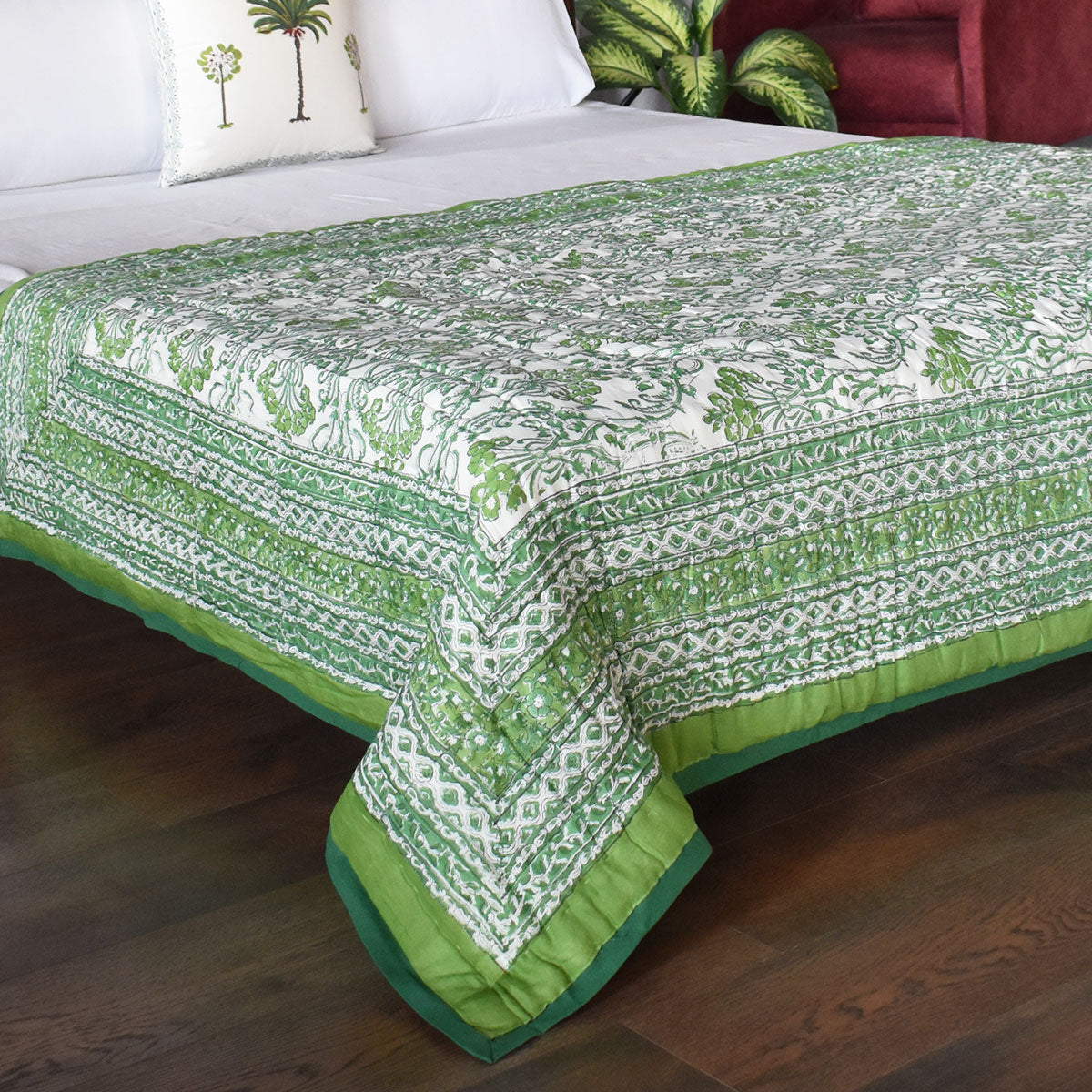 Jaipuri Hand Block Printed Throw Blanket | Raat Ki Rani Green 207006