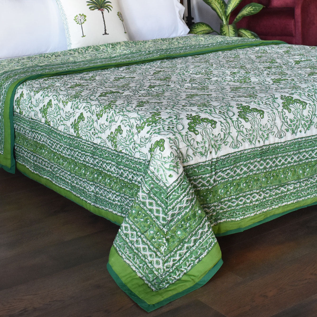 •	Rajasthani Textile Art Quilt King Size | Raat Ki Rani Green 207006