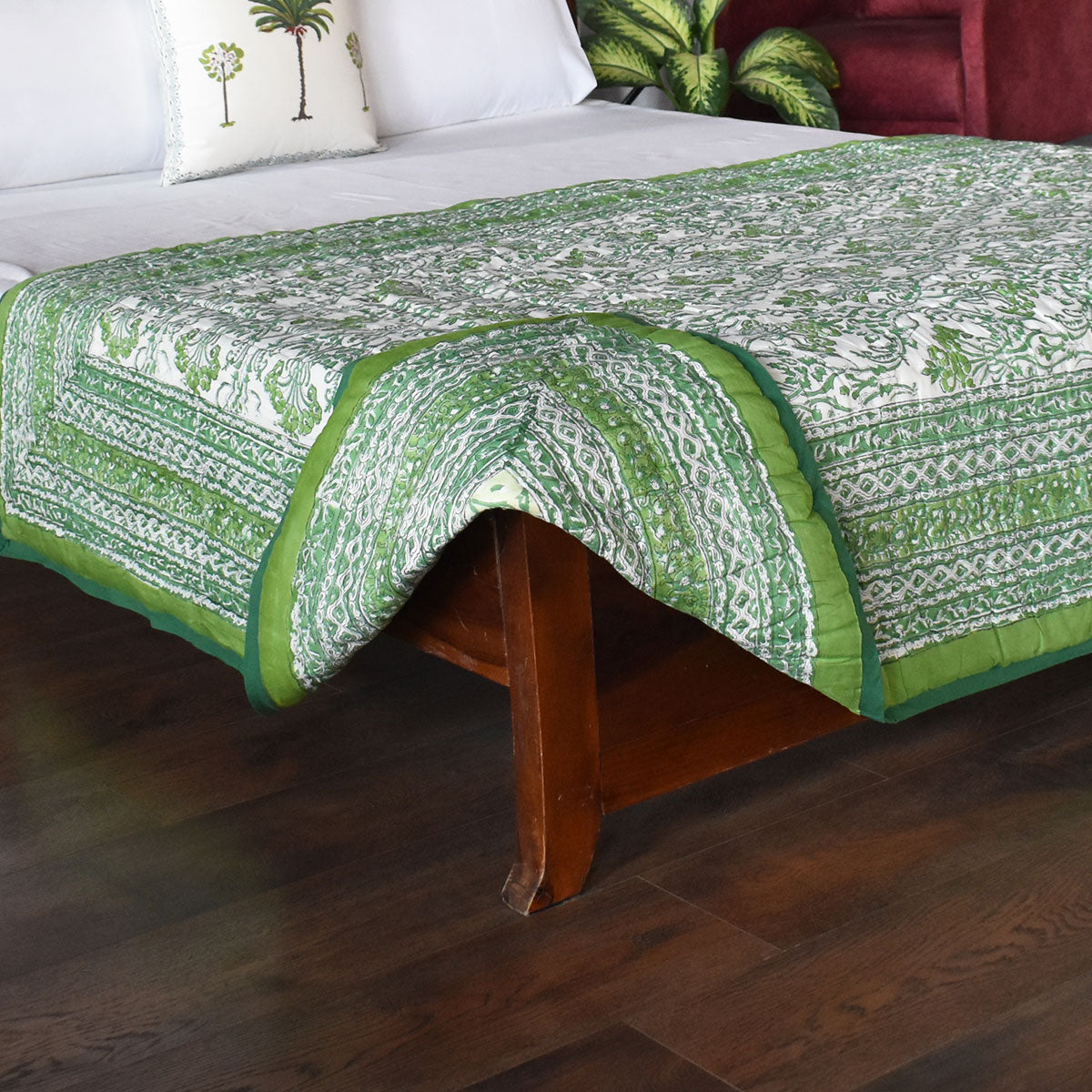 Jaipuri Hand Block Printed Throw Blanket | Raat Ki Rani Green 207006