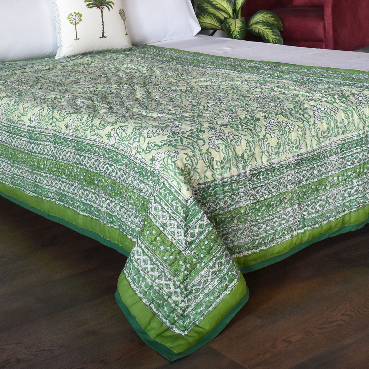 Jaipuri Hand Block Printed Throw Blanket | Raat Ki Rani Green 207006