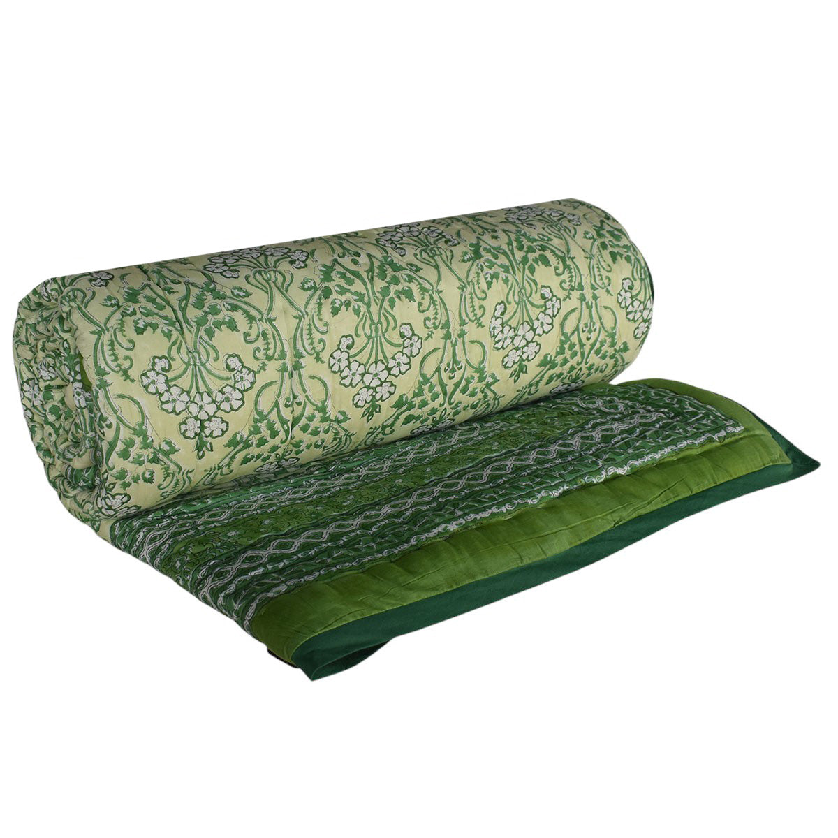 •	Rajasthani Textile Art Quilt King Size | Raat Ki Rani Green 207006