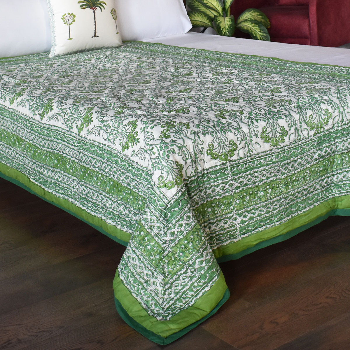 Jaipuri Hand Block Printed Throw Blanket | Raat Ki Rani Green 207006