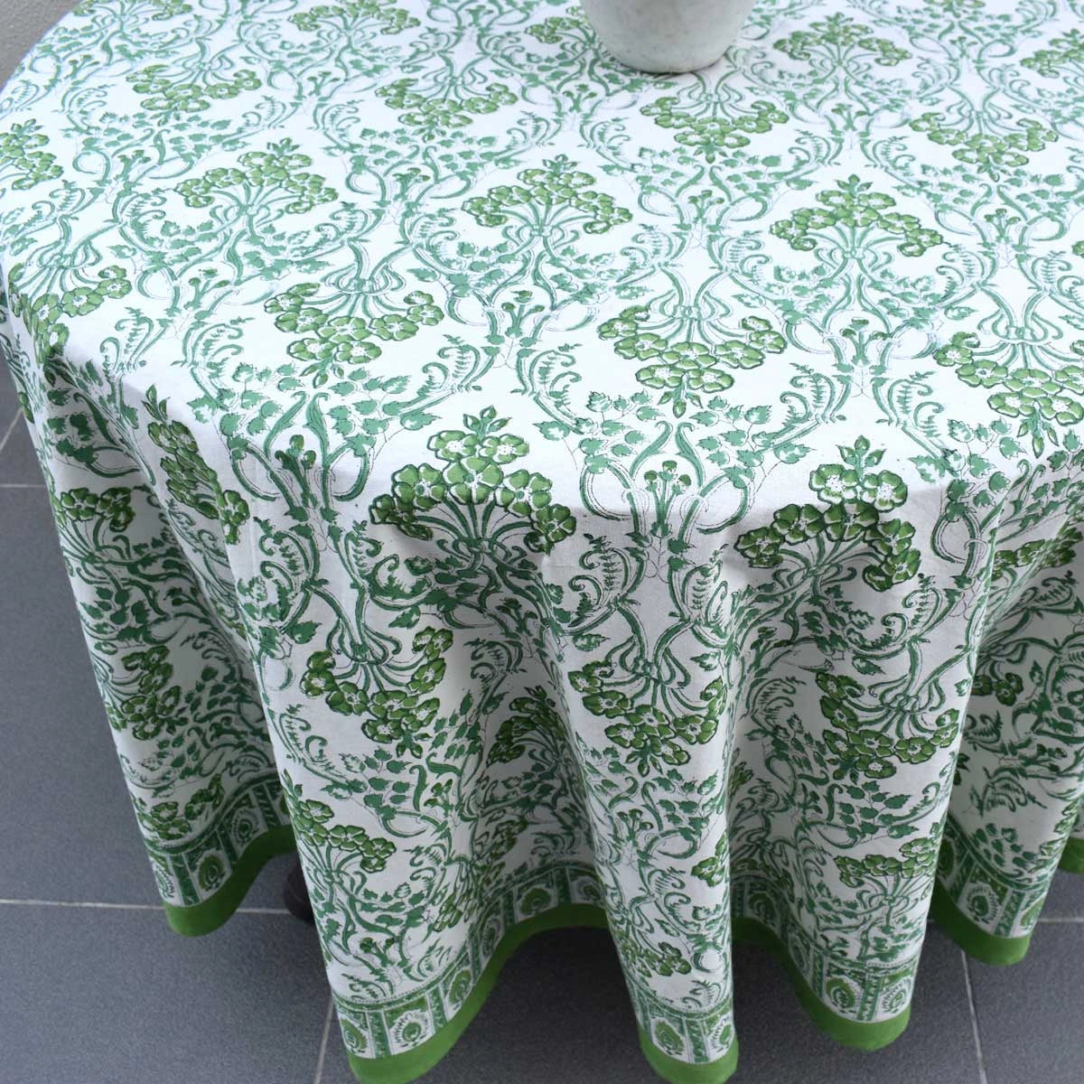 Jaipur Hand Block Round Tablecloth  Raat Ki Rani Green
