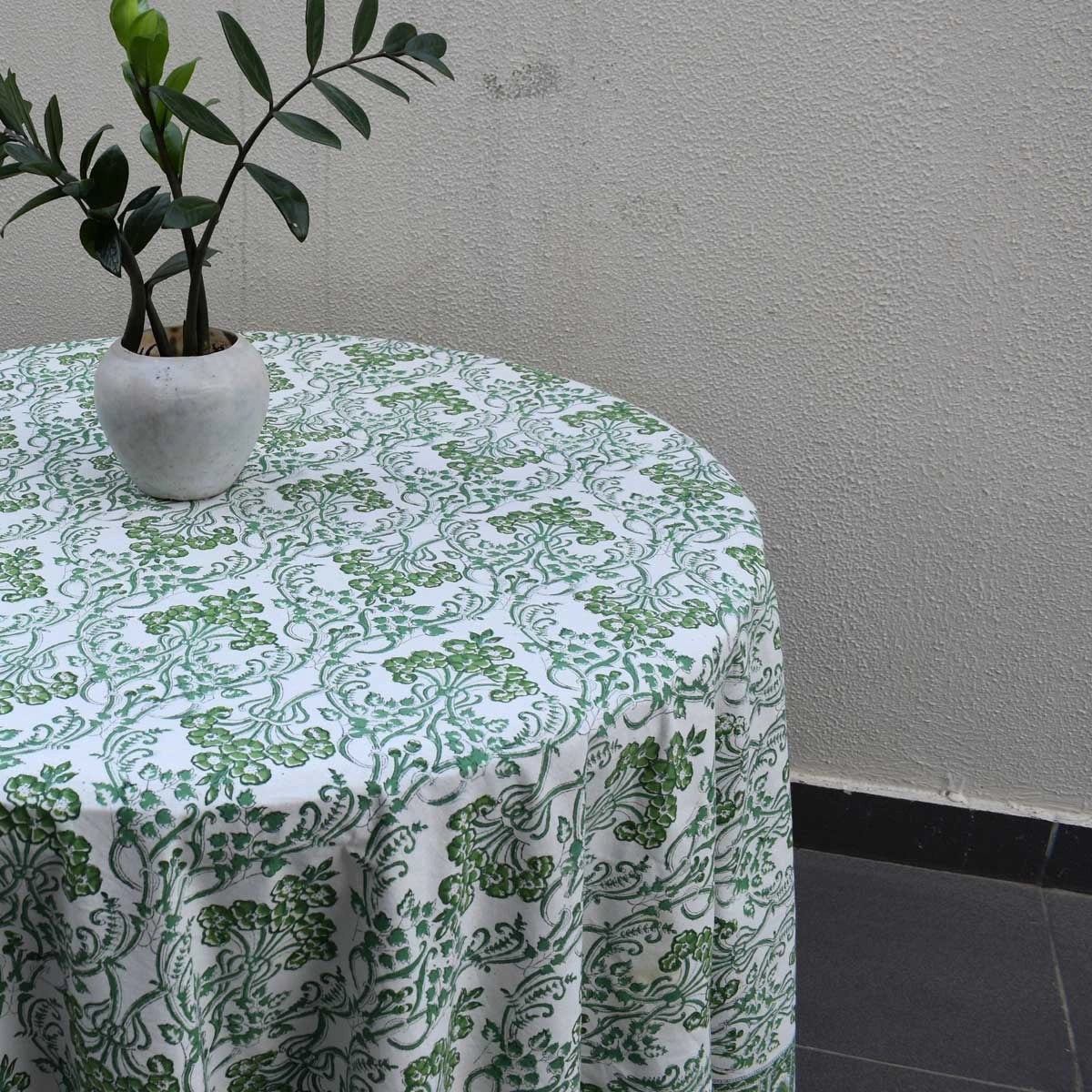Jaipur Hand Block Round Tablecloth  Raat Ki Rani Green