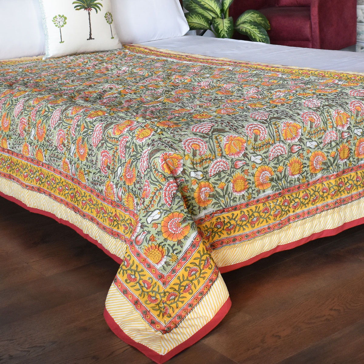 Jaipuri Razai With Natural Dyes Single Quilt | Reshma Sea Green 201343