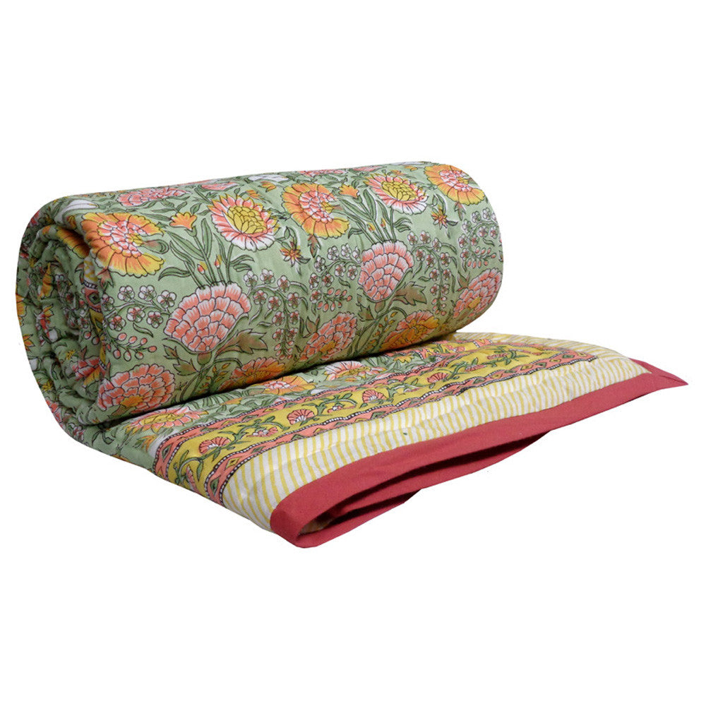 Jaipuri Razai With Natural Dyes Single Quilt | Reshma Sea Green 201343