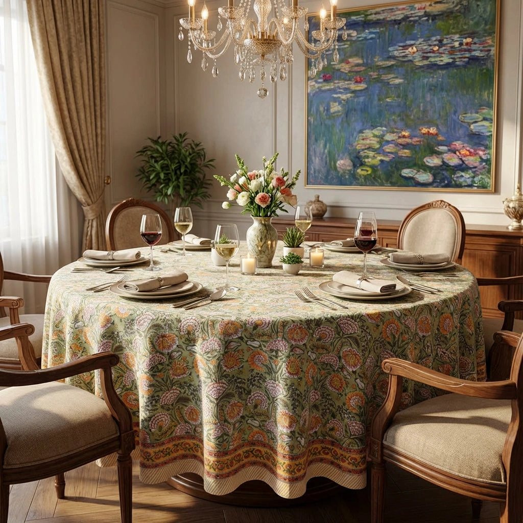 A round dining table set for six in a classic dining room, featuring a round tablecloth with a vintage floral and botanical pattern in muted green, beige, and orange tones. The table is decorated with a floral centerpiece, wine glasses, and plates, surrounded by elegant wooden armchairs with cream upholstery.