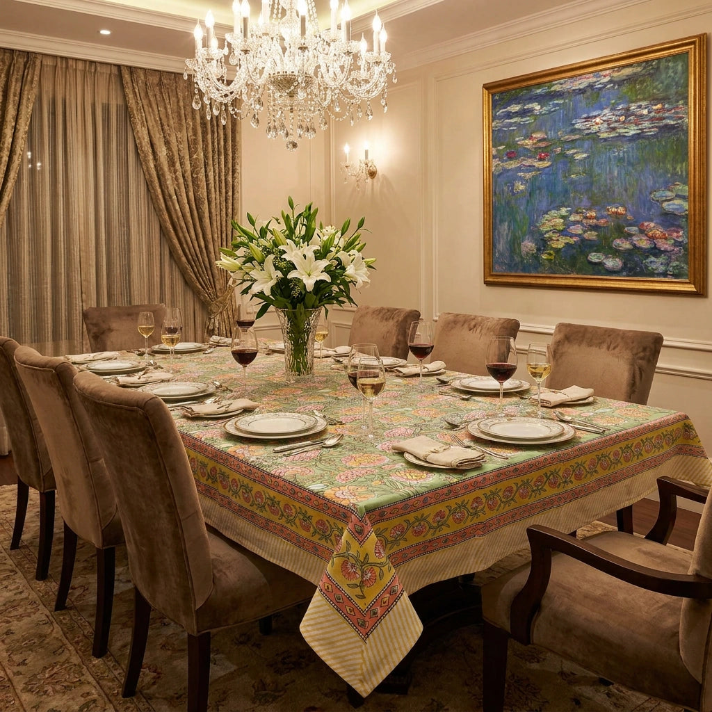 Unique Hand Printed Long Tablecloth | Reshma Sea Green Gud 203224