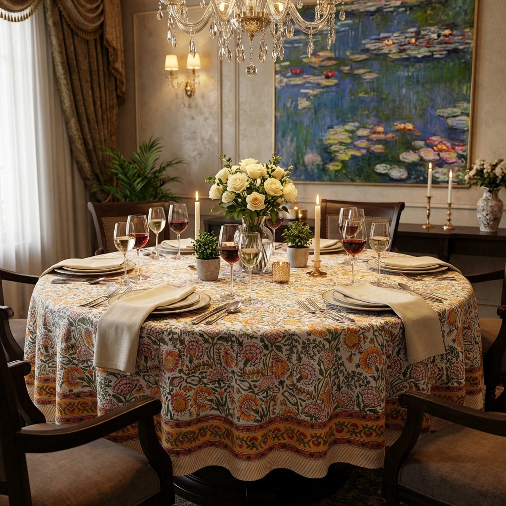 An ornate round dining table covered with a detailed floral tablecloth, set with wine glasses, plates, folded napkins, and a central bouquet of white roses. The table is surrounded by dark wood chairs in a richly decorated room with a chandelier, wall sconces, and a large water-lily painting on the wall.