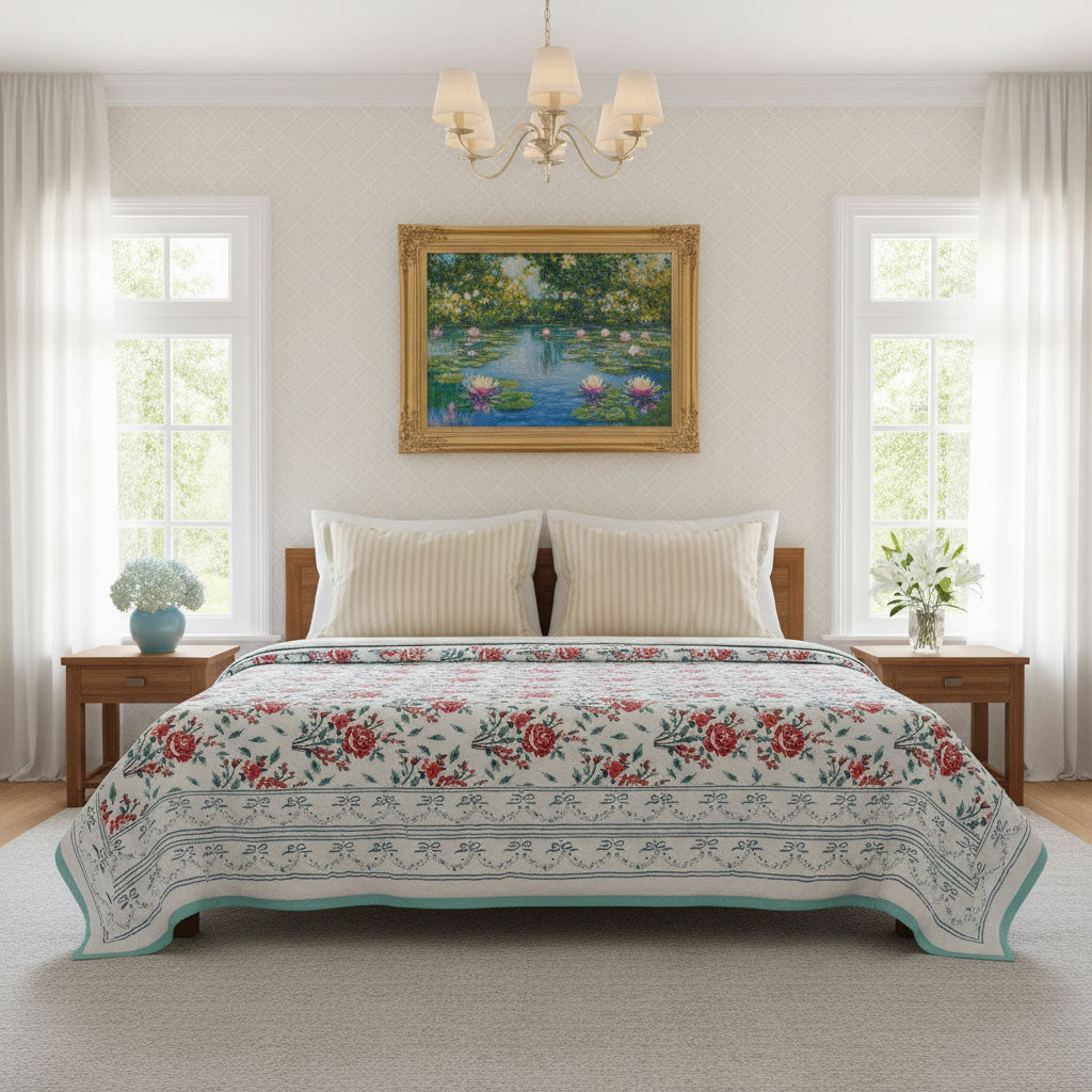 A floral quilted comforter set on a wooden bed in a bright, symmetrical bedroom. The comforter features a red rose pattern with green leaves and a teal border on a white background.