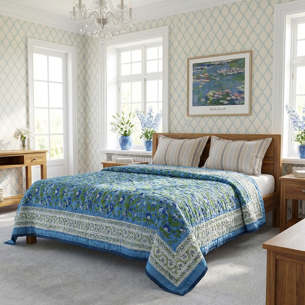 A blue and green floral quilted comforter with a white ornate border is styled on a wooden bed in a bright, classic bedroom with patterned wallpaper, windows, and bedside tables.