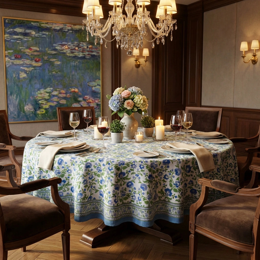 A round dining table set for six in a warmly lit dining room, covered with a blue and white floral tablecloth. The table is decorated with a vase of flowers, candles, and wine glasses, surrounded by wooden chairs.