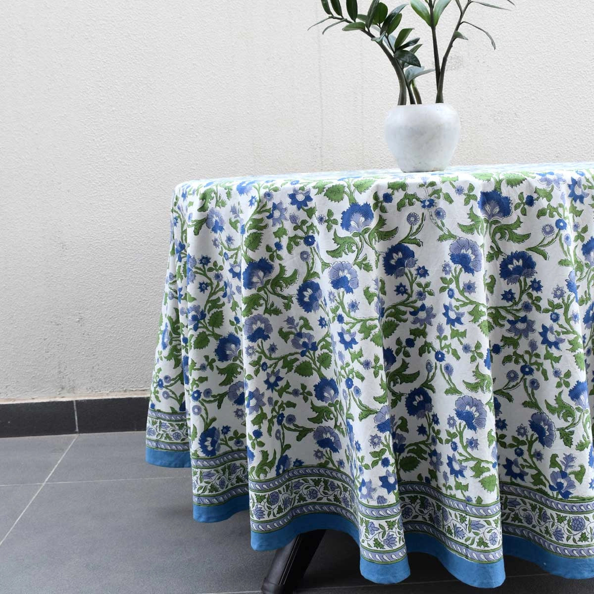Soft Earthy Tones Round Tablecloth | Rukhsana Blue Open 103619