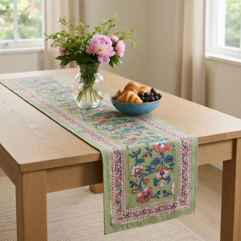 A rectangular table runner with a light green base and a colorful floral and bird pattern, styled on a light wood dining table with a vase of pink flowers and a blue bowl of pastries.