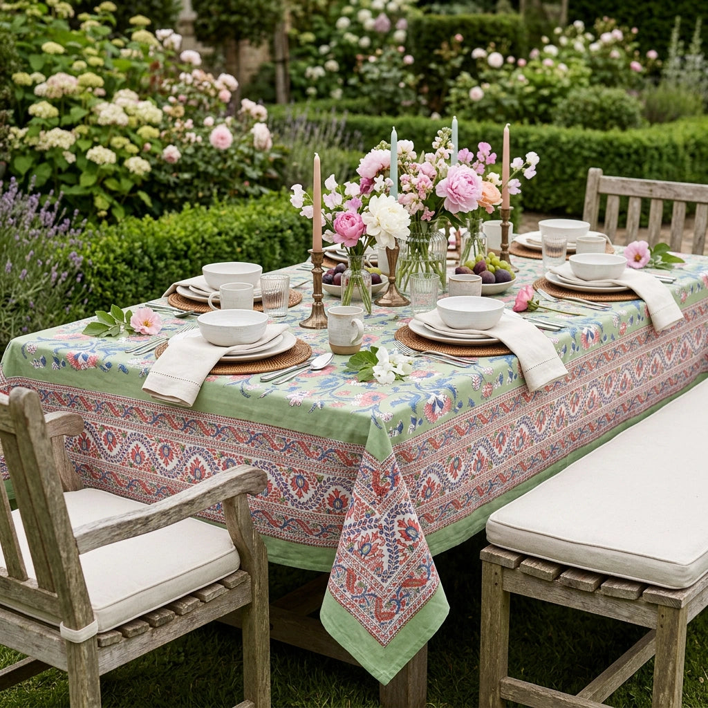 A rectangular outdoor dining table set with a light green tablecloth featuring a detailed multicolor paisley border and floral motifs. The table is styled with white ceramic bowls, plates, folded napkins, and a vibrant floral centerpiece, surrounded by wooden garden chairs in a lush, green garden setting.