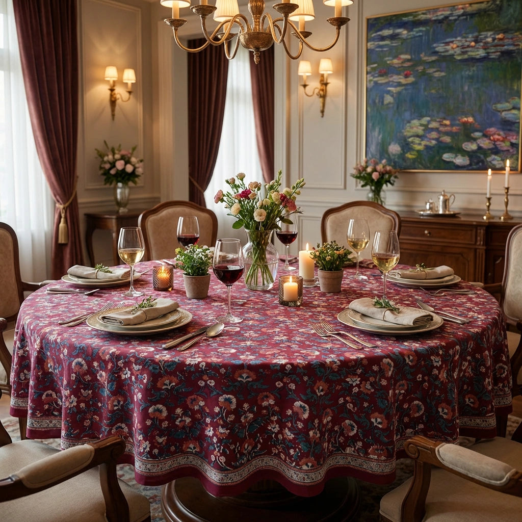 A round dining table covered with a burgundy floral tablecloth, set with plates, wine glasses, candles, and a flower vase in a richly decorated dining room.