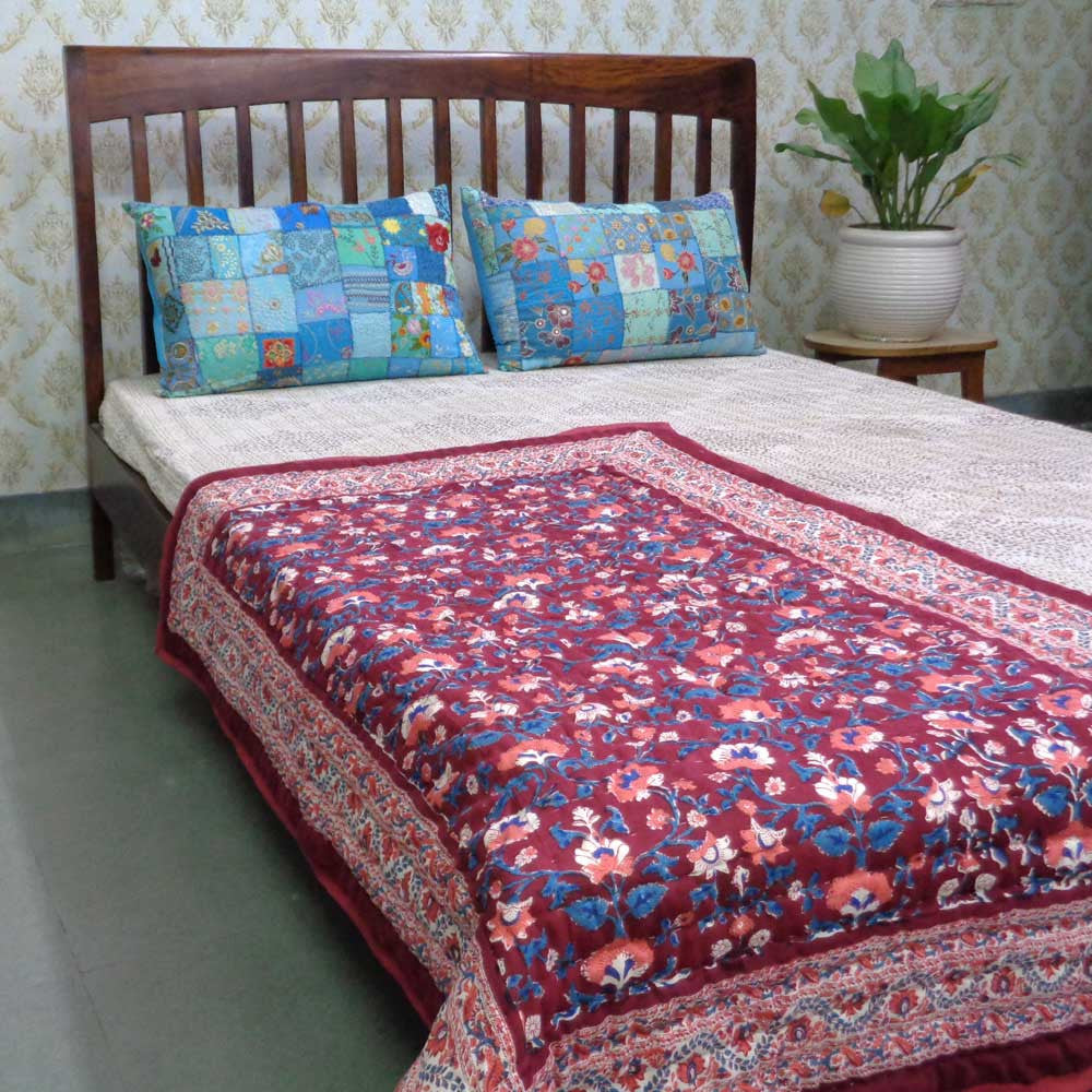 Hand Block Printed Baby Quilt – 100x140 cm Jaipur Razai | Rukhsana Maroon Gud 105823