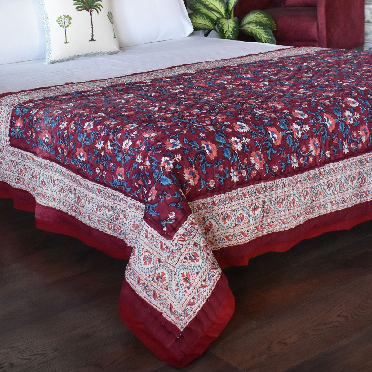 Single Size Hand Block Printed Cotton Quilt | Rukhsana Maroon Gud 105823
