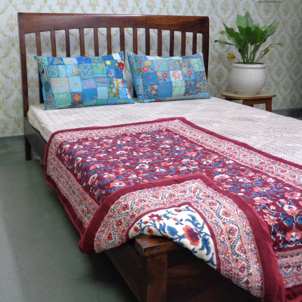 Hand Block Printed Baby Quilt – 100x140 cm Jaipur Razai | Rukhsana Maroon Gud 105823