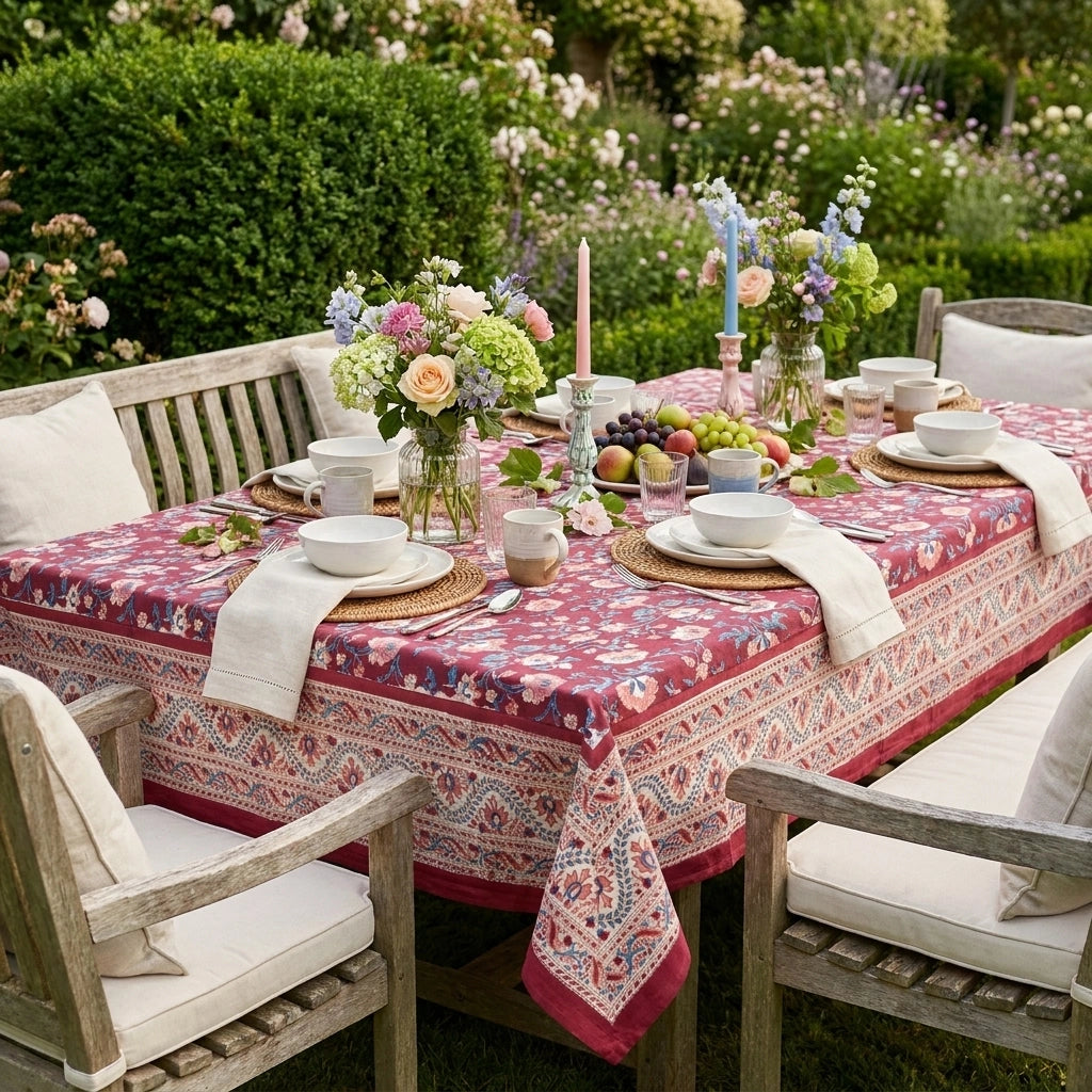 A rectangular outdoor dining table set with a red and beige patterned tablecloth, white ceramic bowls and cups, woven placemats, folded cream napkins, and floral centerpieces, surrounded by wooden garden chairs on grass with a lush hedge background.