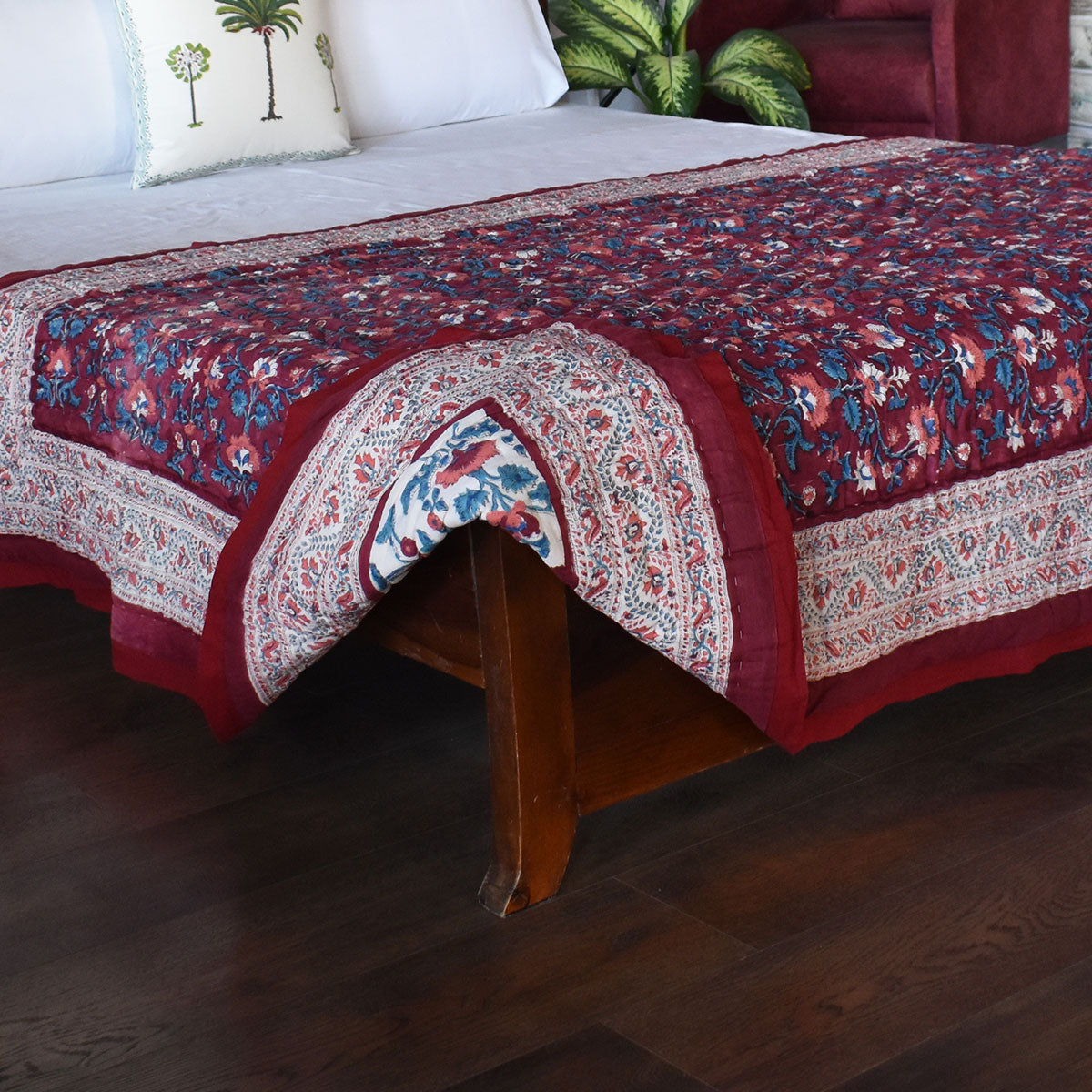 Single Size Hand Block Printed Cotton Quilt | Rukhsana Maroon Gud 105823