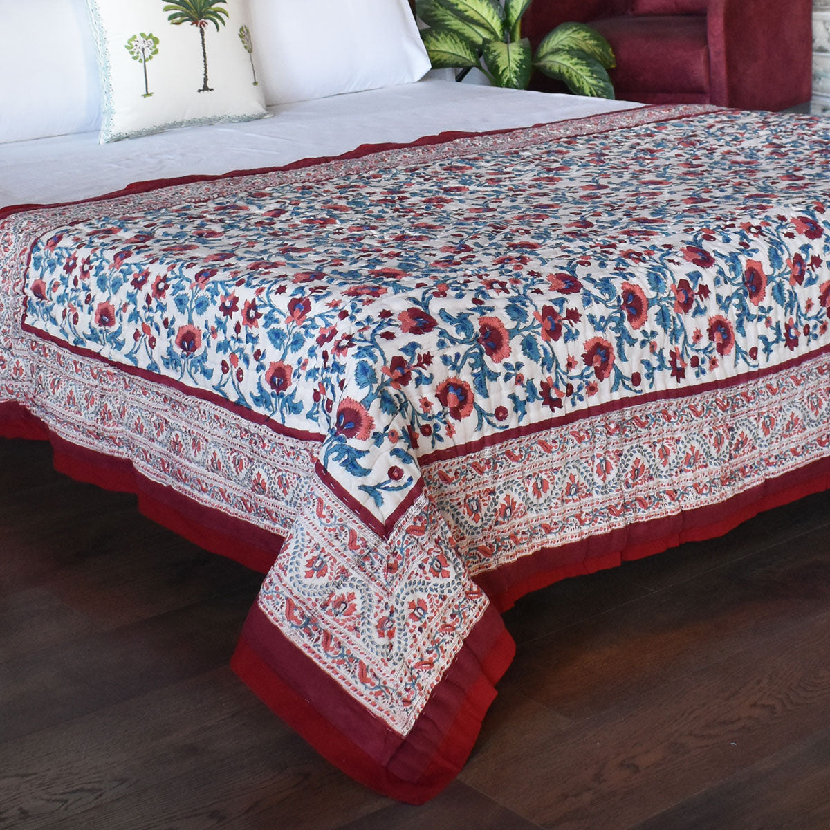Single Size Hand Block Printed Cotton Quilt | Rukhsana Maroon Gud 105823