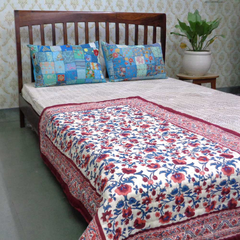 Hand Block Printed Baby Quilt – 100x140 cm Jaipur Razai | Rukhsana Maroon Gud 105823