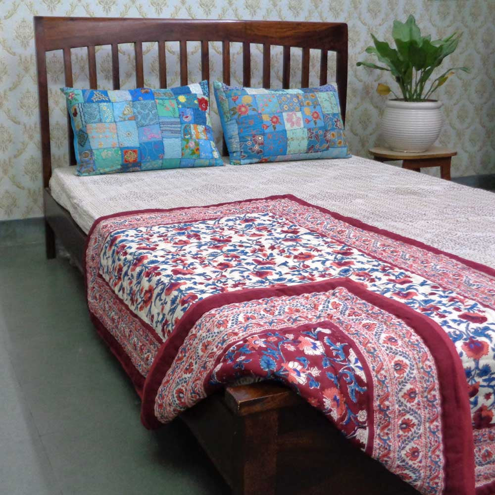 Hand Block Printed Baby Quilt – 100x140 cm Jaipur Razai | Rukhsana Maroon Gud 105823