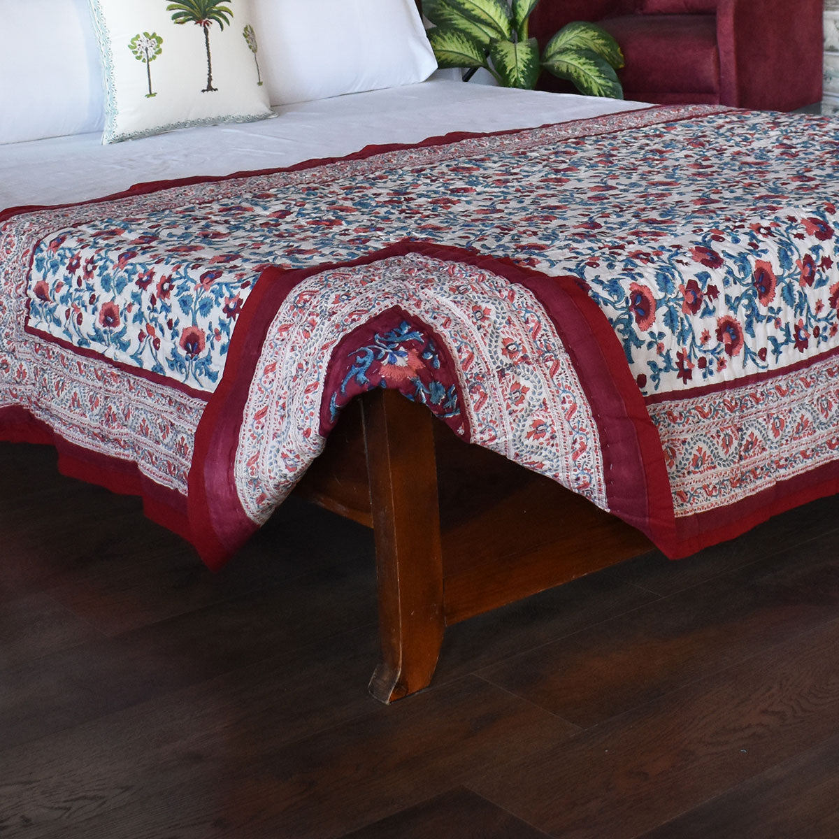 Single Size Hand Block Printed Cotton Quilt | Rukhsana Maroon Gud 105823