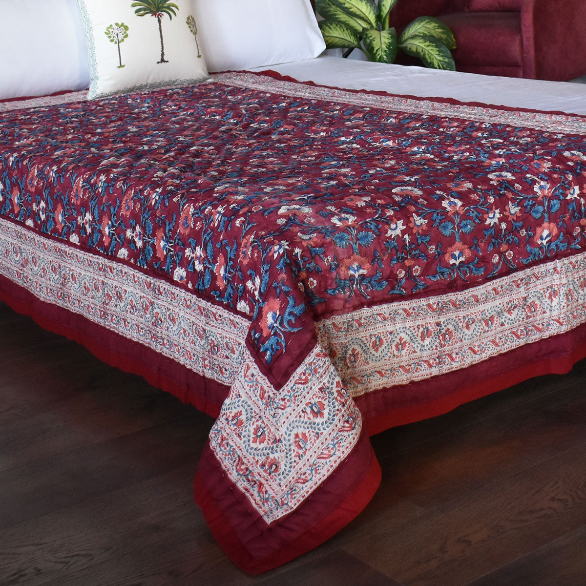 Single Size Hand Block Printed Cotton Quilt | Rukhsana Maroon Gud 105823