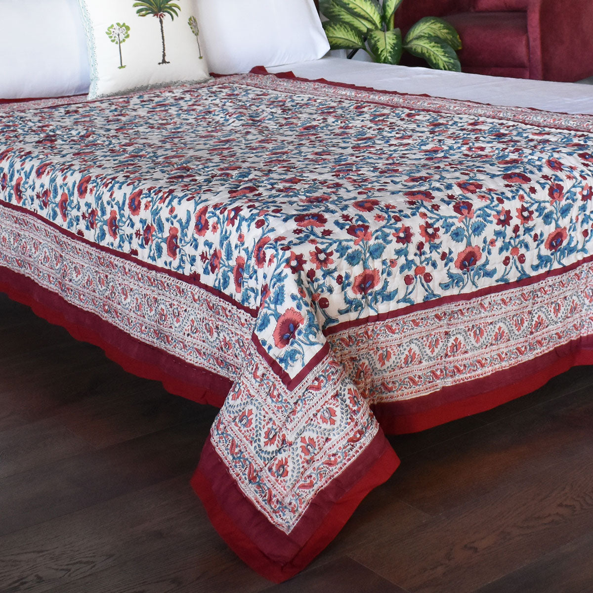 Single Size Hand Block Printed Cotton Quilt | Rukhsana Maroon Gud 105823