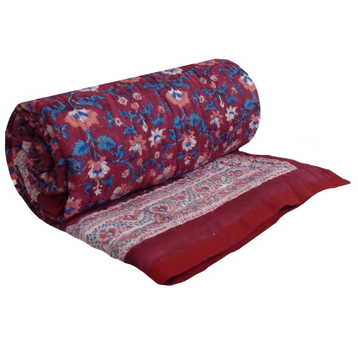 A rolled-up quilted comforter with a deep red base, featuring a blue and pink floral pattern on one side and a traditional beige and red ornamental border on the other, shown against a plain white background.