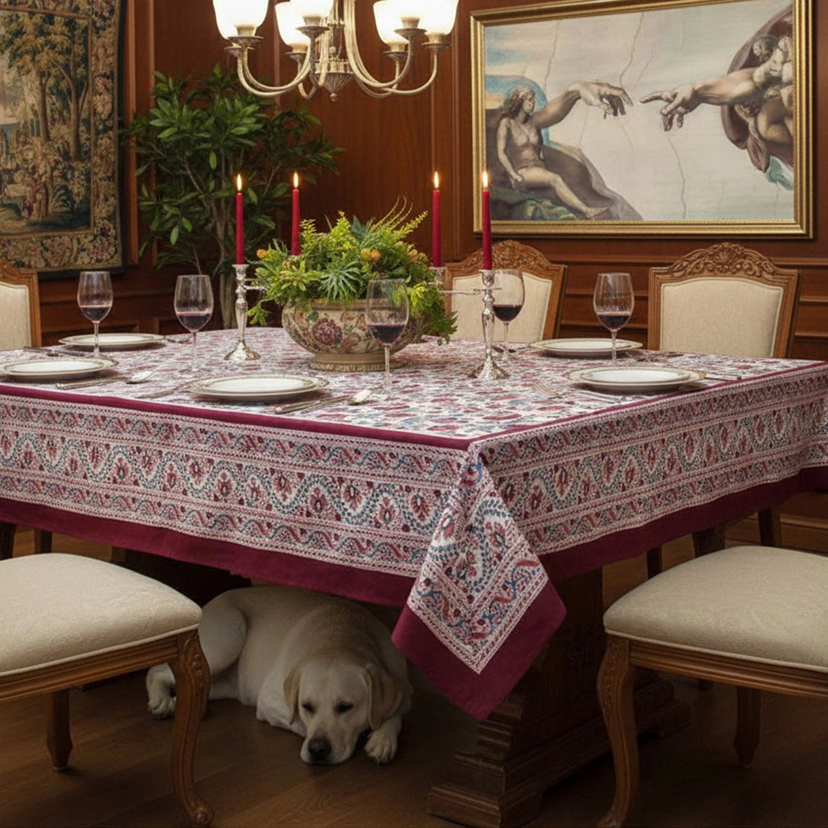 Hand Block Printed Cotton Tablecloth 180x270 cms | Rukhsana Maroon Open 103616