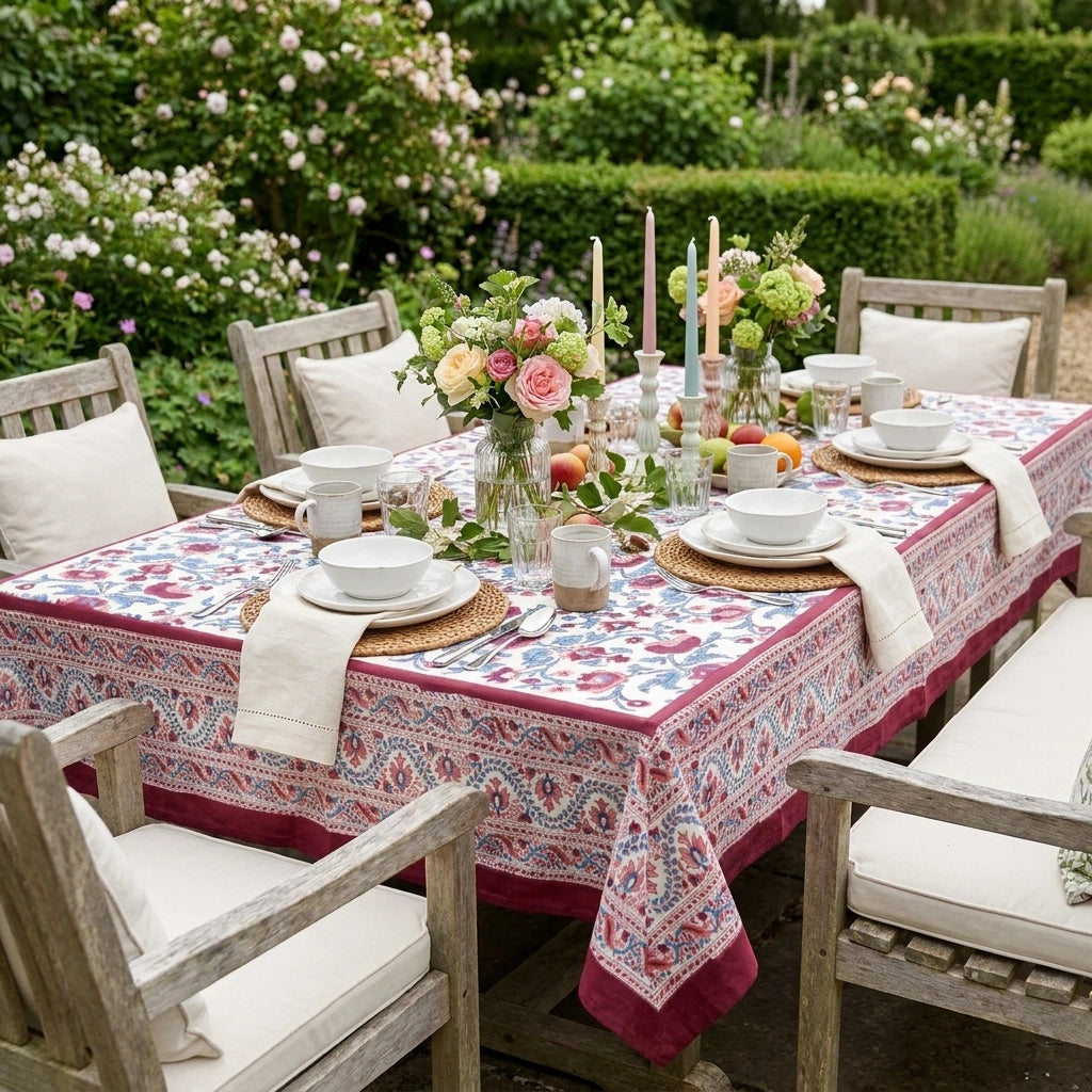 Hand Block Printed Cotton Tablecloth 180x270 cms | Rukhsana Maroon Open 103616