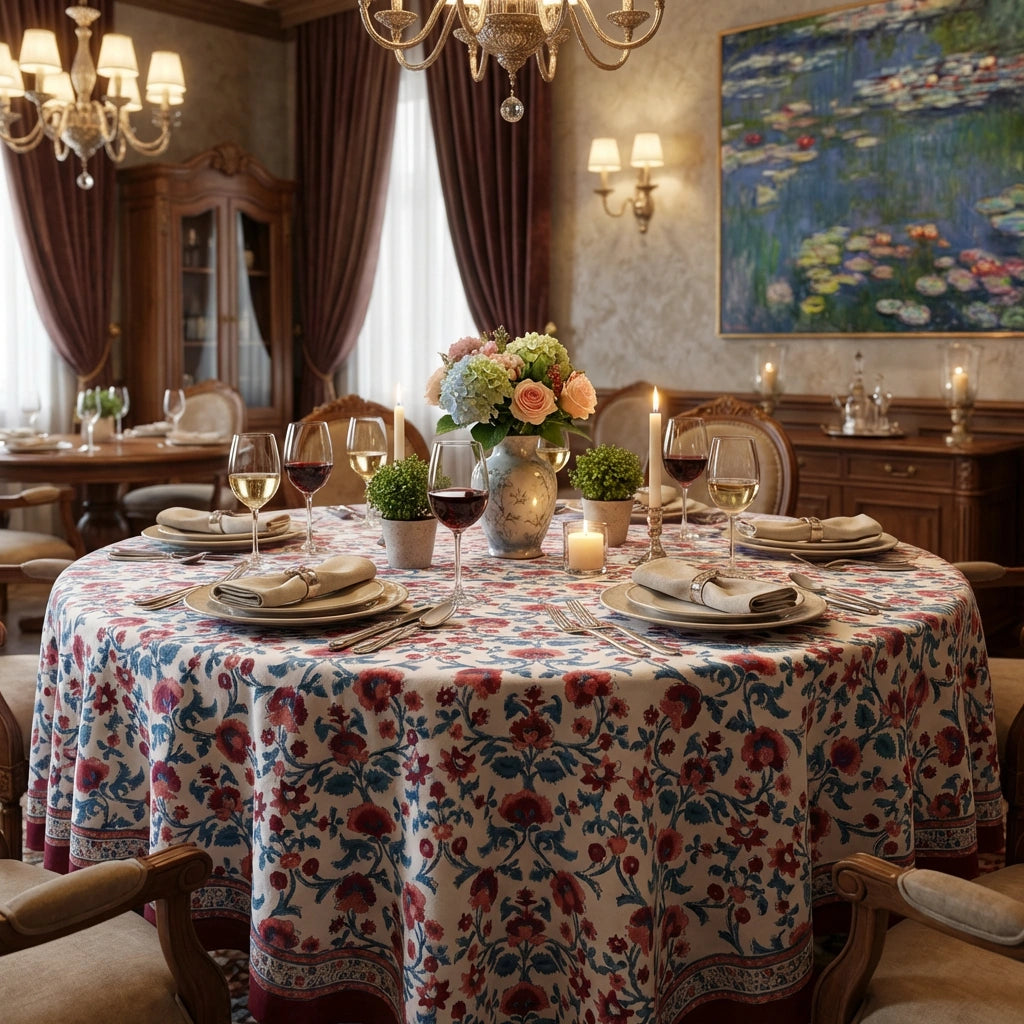 A round dining table set for six in an elegant, warmly lit dining room. The table is covered with a cream-colored tablecloth featuring a detailed red and blue floral pattern.