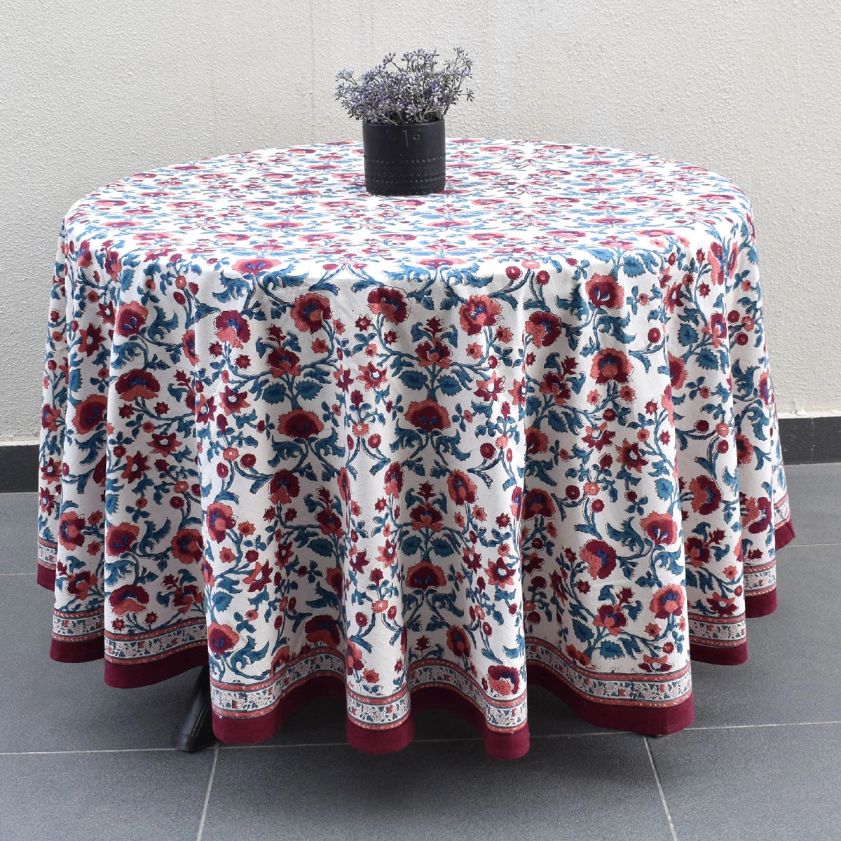Floral Print Round Tablecloth | Rukhsana Maroon Open 105936