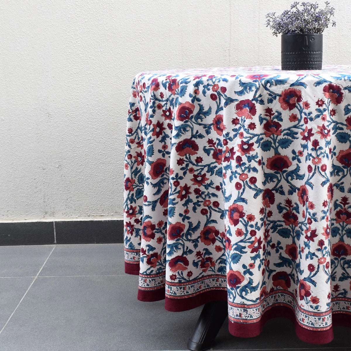 Indian Artisan Round Tablecloth Rukhsana Maroon Open