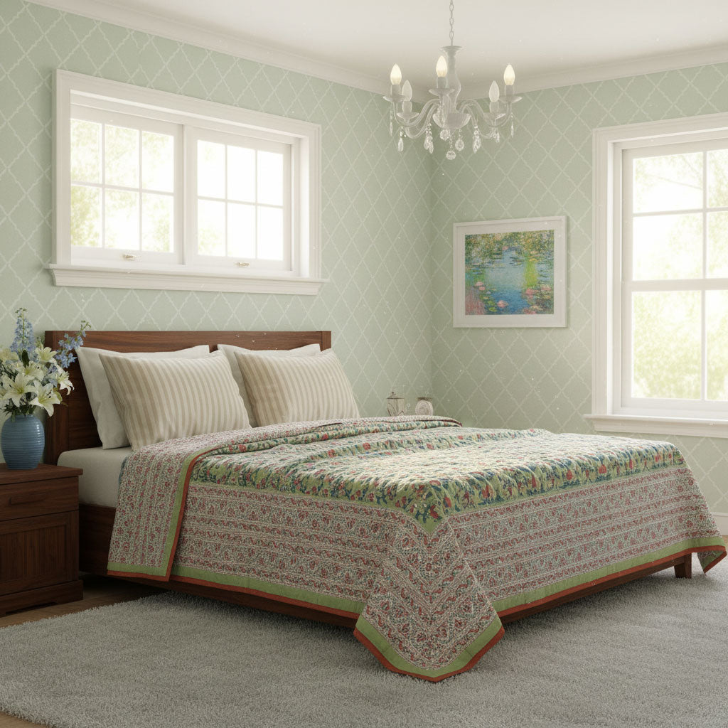 A patterned quilted comforter set on a wooden bed frame in a bright, light green patterned bedroom. The bedding features a detailed multicolor floral and geometric design with green, red, and beige tones, styled with two striped cream pillows.