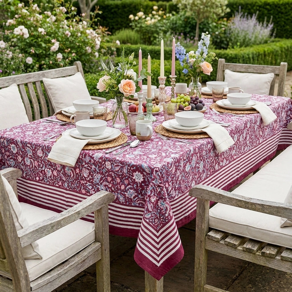 A rectangular outdoor dining table covered with a burgundy and white floral tablecloth, set with white bowls, plates, folded napkins, candles, and floral centerpieces, surrounded by wooden chairs with cream cushions in a garden setting.