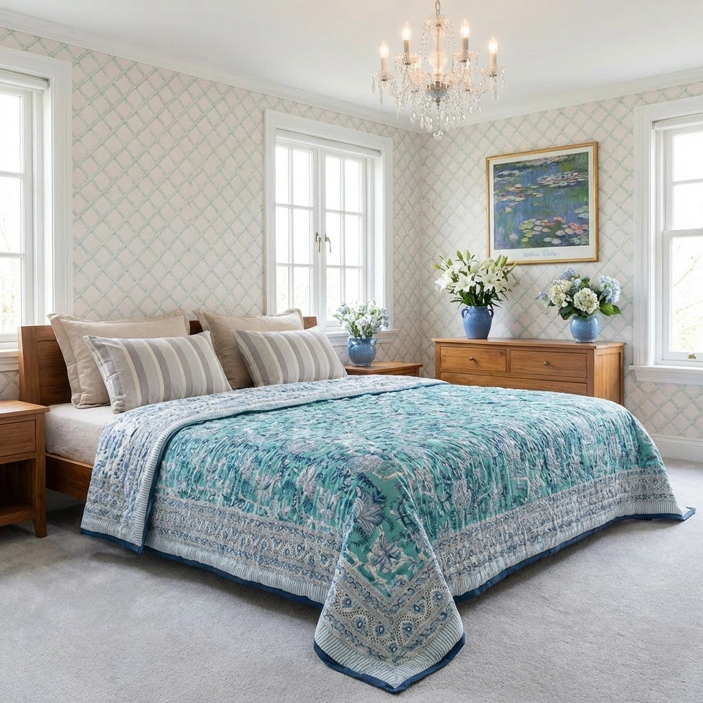 90x108 Inch Oversized Cotton Queen Size Quilt | Bela Bristol Blue 601091