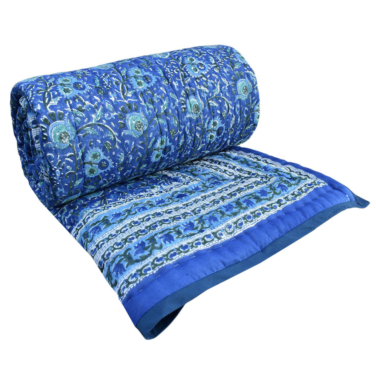 Hand Block Print Quilt Double | Blue Berry Blossom 251203