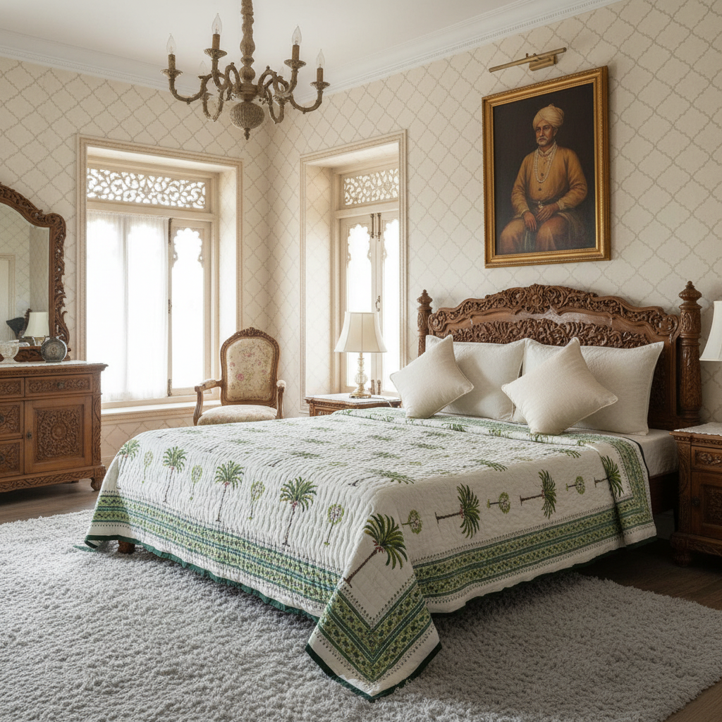 •	Lightweight Summer King Size Quilt | Palm Tree Green 109024