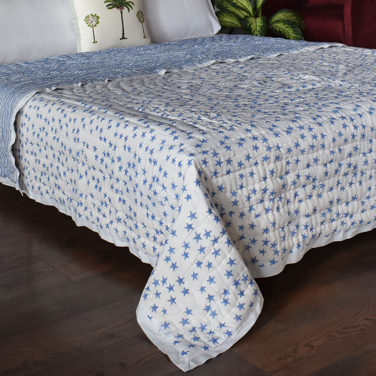 Jaipuri Hand Block Printed Bed Cover Double |  Star Blue 202509